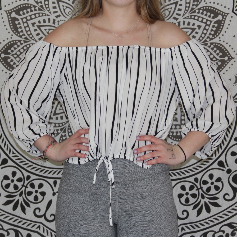 black and whit off the shoulder top